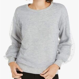 INC Womens Tulle Overlay Knit Pullover Sweater Gray L
